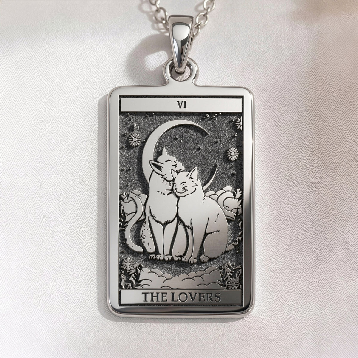 Cat Tarot Rider Waite Amulet Necklace in 925 Sterling Silver & Plated 18mm — front view — Shop Luminous Luxury Crafts