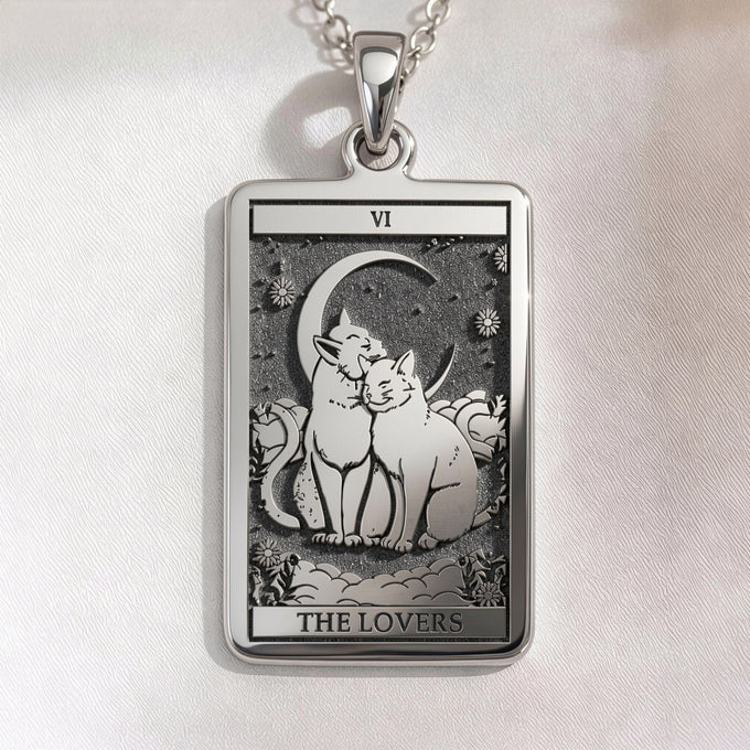 Cat Tarot Rider Waite Amulet Necklace in 925 Sterling Silver & Plated 18mm — front view — Shop Luminous Luxury Crafts