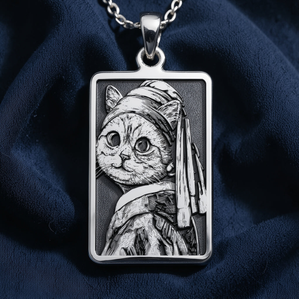 Cat with a Pearl Earring Pendant Necklace - Funny Art Gift - 925 Sterling Silver