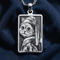 Cat with a Pearl Earring Pendant Necklace - Funny Art Gift - 925 Sterling Silver