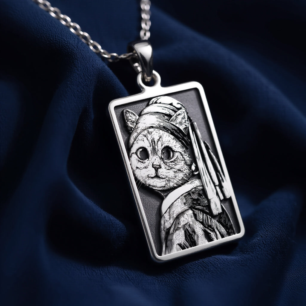 Cat with a Pearl Earring Pendant Necklace - Funny Art Gift - 925 Sterling Silver