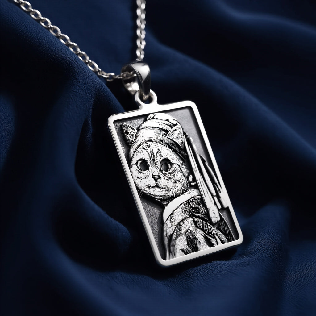 Cat with a Pearl Earring Pendant Necklace - Funny Art Gift - 925 Sterling Silver