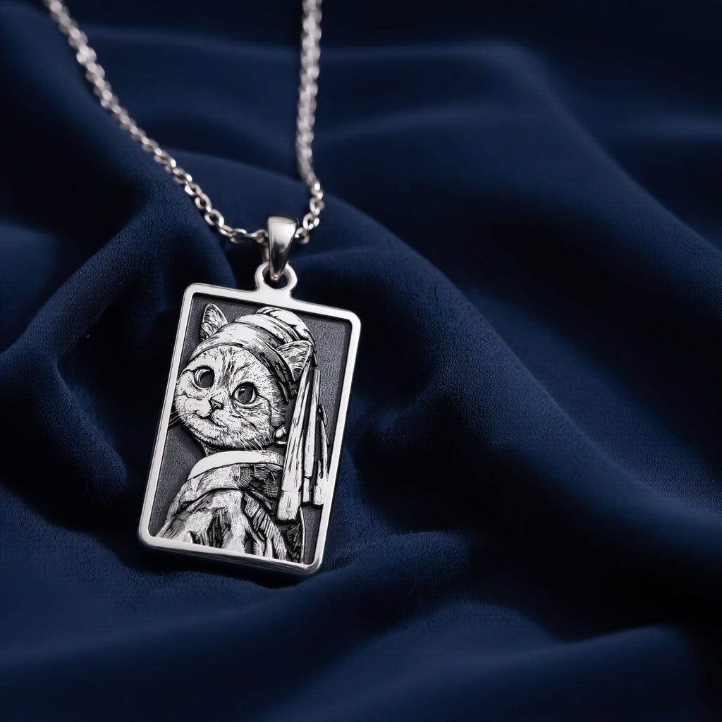 Cat with a Pearl Earring Pendant Necklace - Funny Art Gift - 925 Sterling Silver