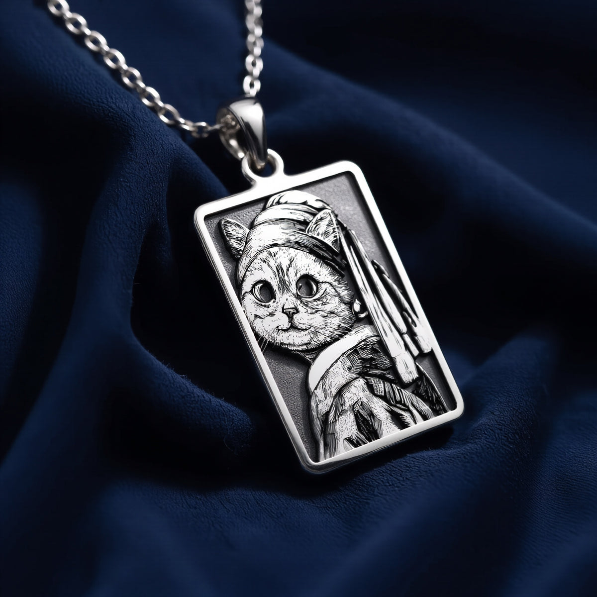 Cat with a Pearl Earring Pendant Necklace - Funny Art Gift - 925 Sterling Silver