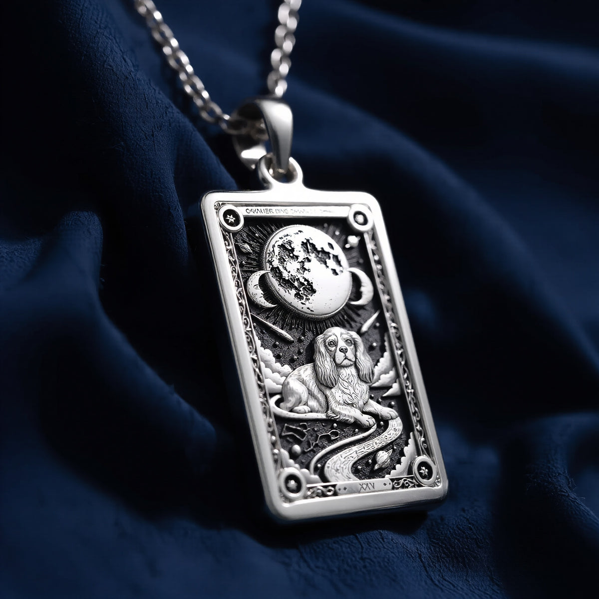 A striking 925 sterling silver Cavalier charm. The art shows the gentle companion, a meaningful piece of celestial jewelry for a pet owner.