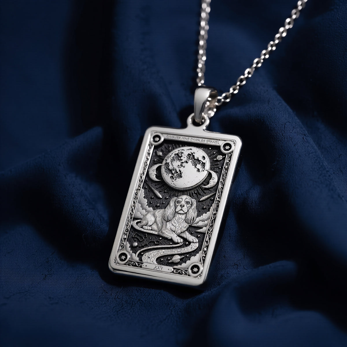 A personalized 925 sterling silver Cavalier King Charles necklace. This gift celebrates the sweet soul of the spaniel, a cherished pet memorial keepsake.