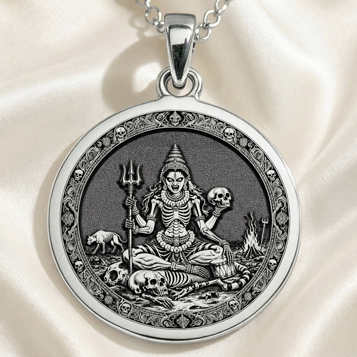 925 sterling silver Chamunda Kali Goddess pendant, detailed view 4.