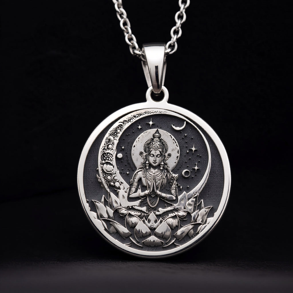 925 925 Sterling Silver Chandra Moon Celestial Pendant Pendants Oxidized silver pendant featuring a meditating figure under a crescent moon and lotus design necklace