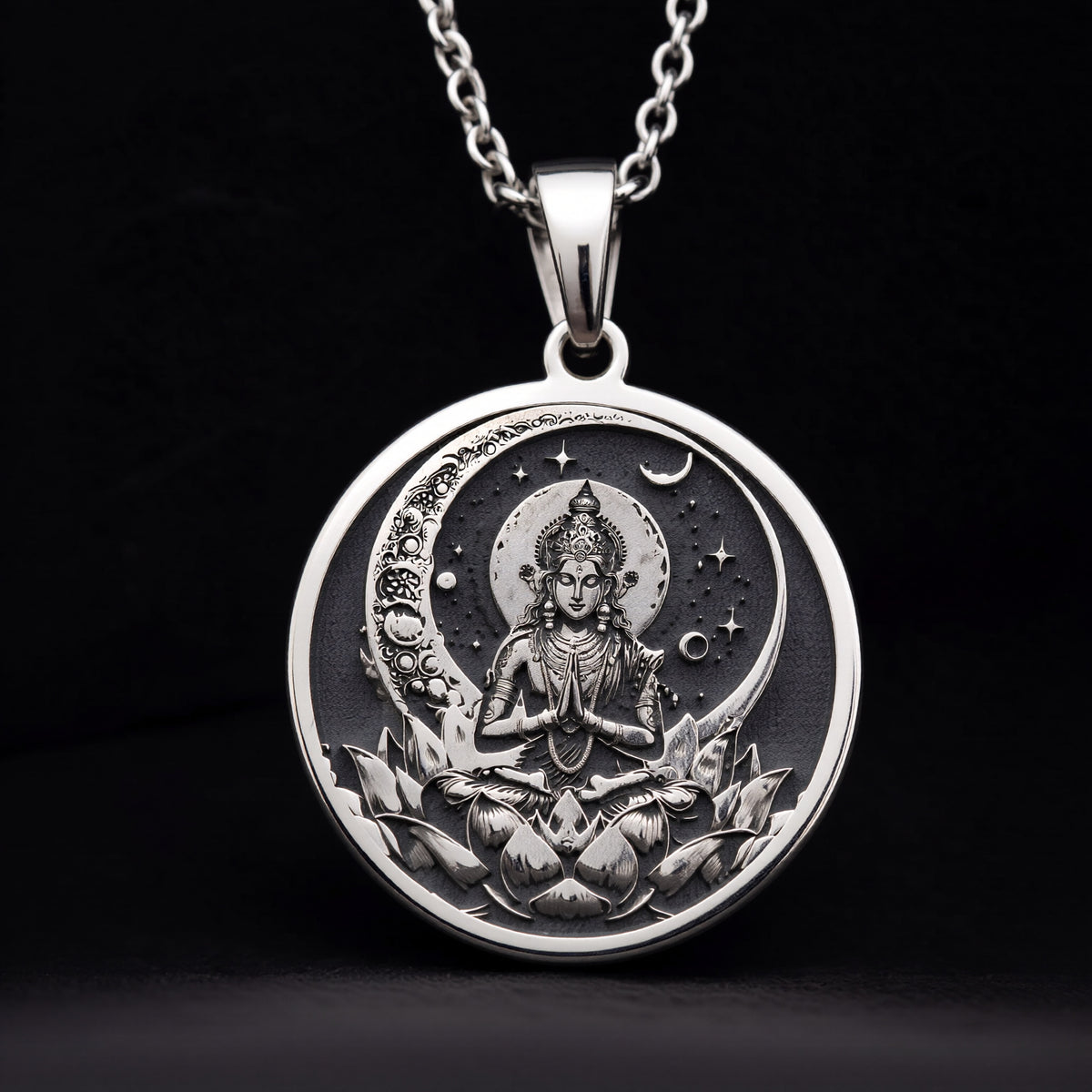 925 925 Sterling Silver Chandra Moon Celestial Pendant Pendants Oxidized silver pendant featuring a meditating figure under a crescent moon and lotus design necklace