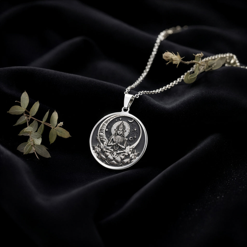 Chandra Moon Celestial Pendant Pendants 925 925 Sterling Silver round pendant featuring a celestial figure and crescent moon design necklace