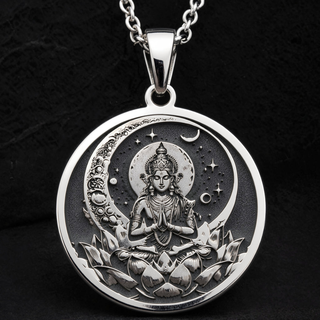 Chandra Moon Celestial Pendant Pendants 925 925 Sterling Silver sterling silver pendant featuring a meditating deity and crescent moon design necklace