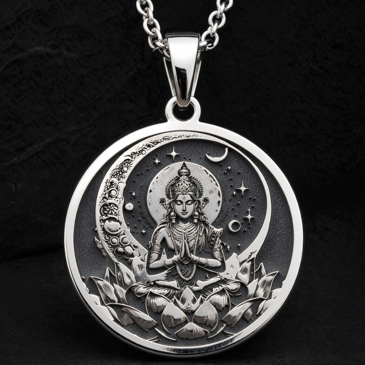 Chandra Moon Celestial Pendant Pendants 925 925 Sterling Silver sterling silver pendant featuring a meditating deity and crescent moon design necklace