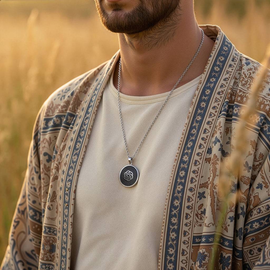 ChatGPT AI Talisman Amulet Necklace Necklaces 925 925 Sterling Silver round pendant with abstract swirling design necklace