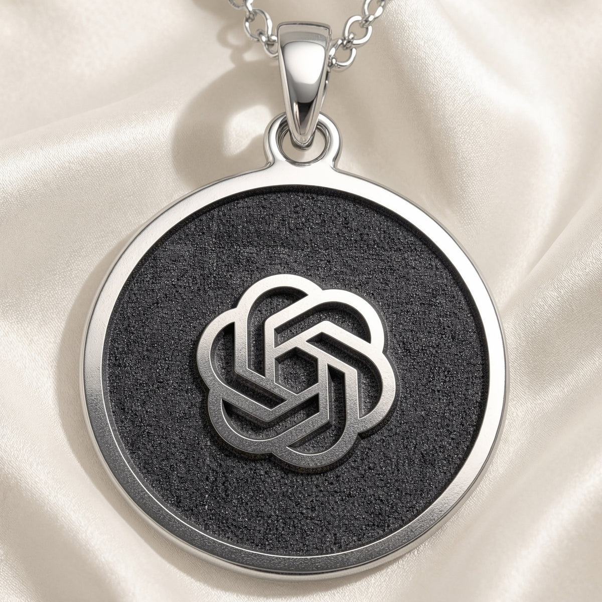 ChatGPT AI Talisman Amulet Necklace Necklaces 925 925 Sterling Silver geometric knot pendant necklace with interlocking design on black background
