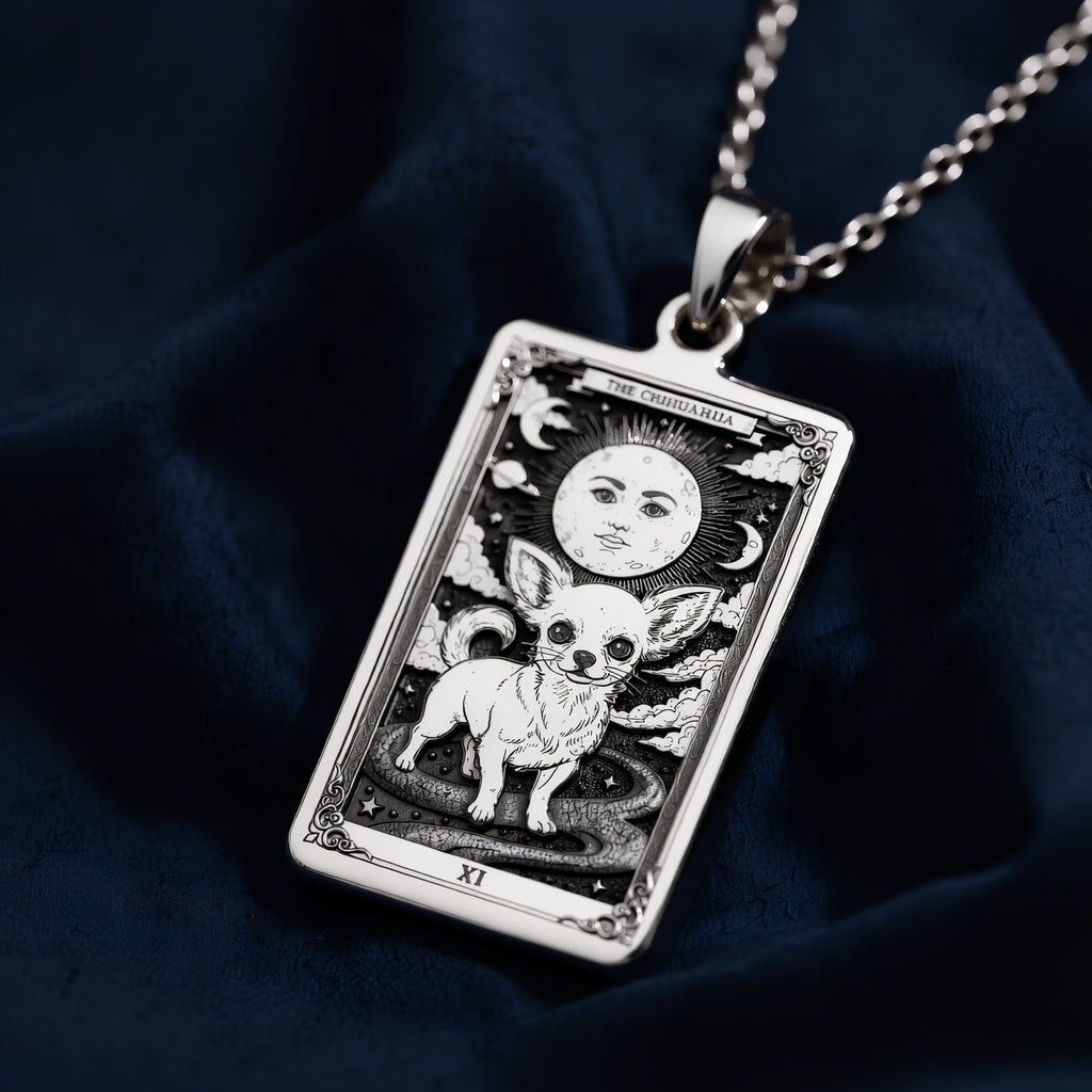 A striking 925 sterling silver Chihuahua charm. The art shows the tiny-but-mighty dog, a meaningful piece of celestial jewelry for a pet owner.