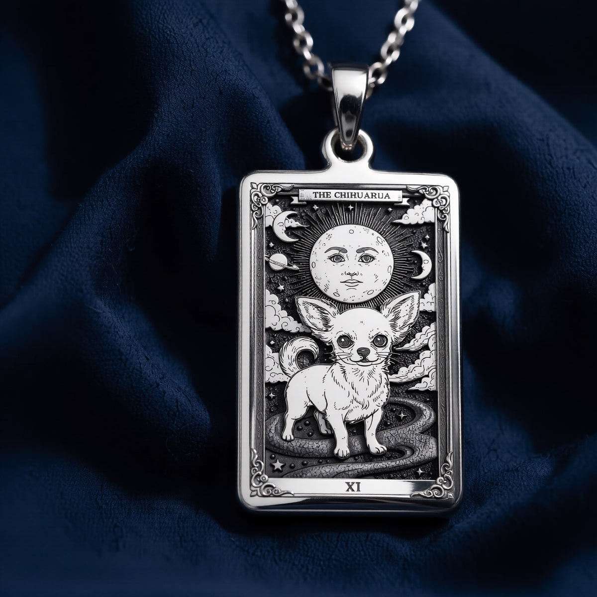 A personalized 925 sterling silver Chihuahua necklace. This gift celebrates the fierce loyalty of the Chihuahua, a cherished pet memorial keepsake.