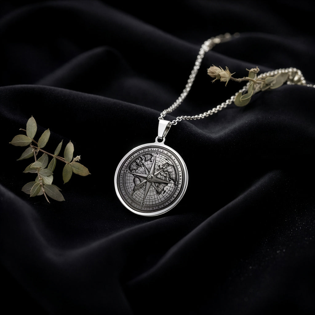 Compass Necklace Necklaces 925 925 Sterling Silver compass rose pendant necklace with celestial map design.