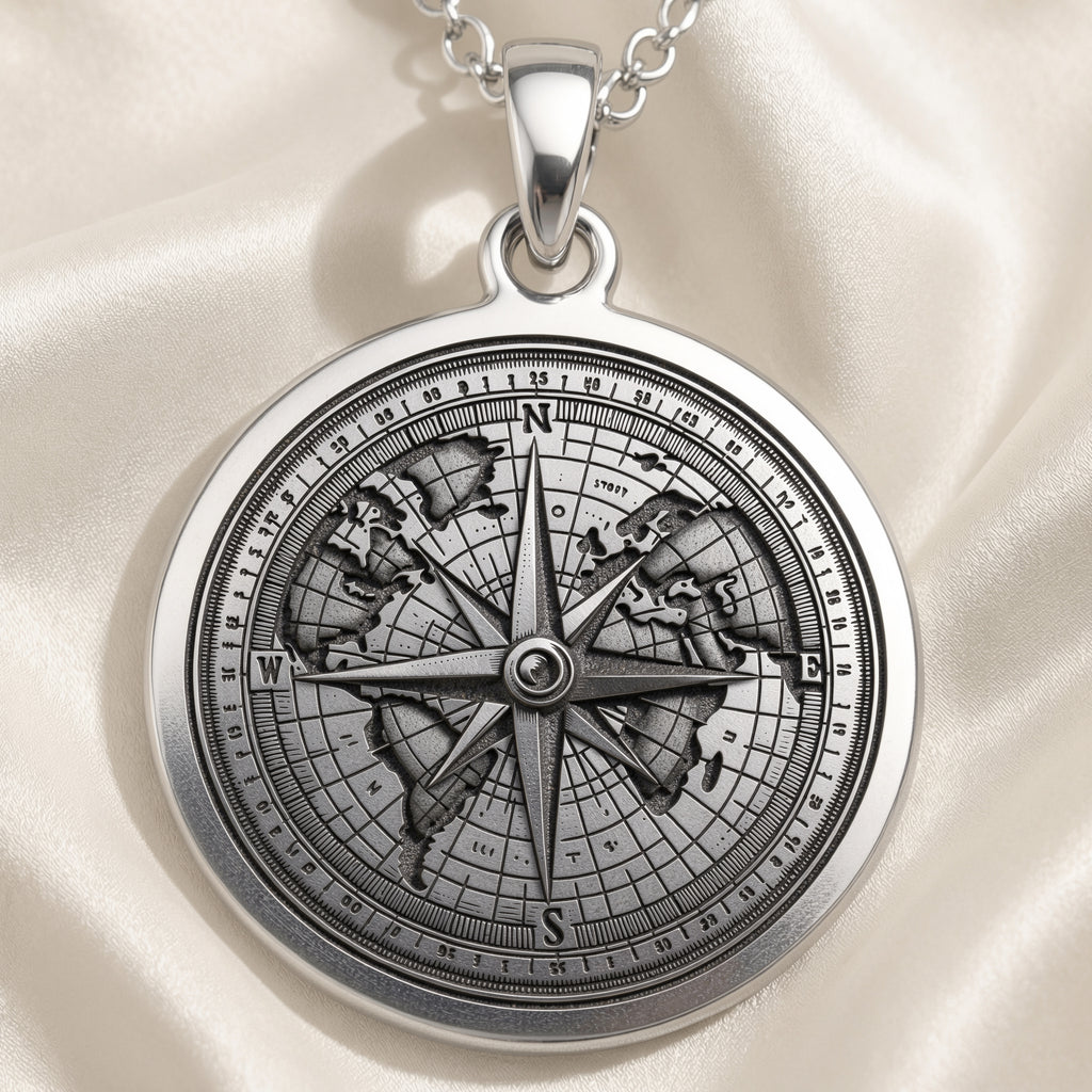 Compass Necklace Necklaces 925 925 Sterling Silver world map and compass rose pendant necklace
