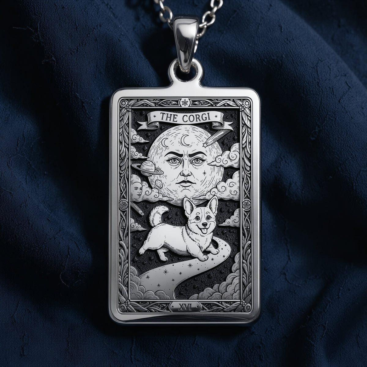 An heirloom-quality 14K solid gold Corgi tarot pendant. The art shows the whimsical dog under a moon, symbolizing a playful spirit, a precious dog mom gift.