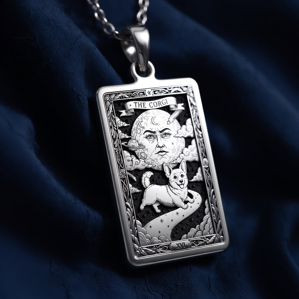 An heirloom-quality 14K solid gold Corgi tarot pendant. The art shows the whimsical dog under a moon, symbolizing a playful spirit, a precious dog mom gift.