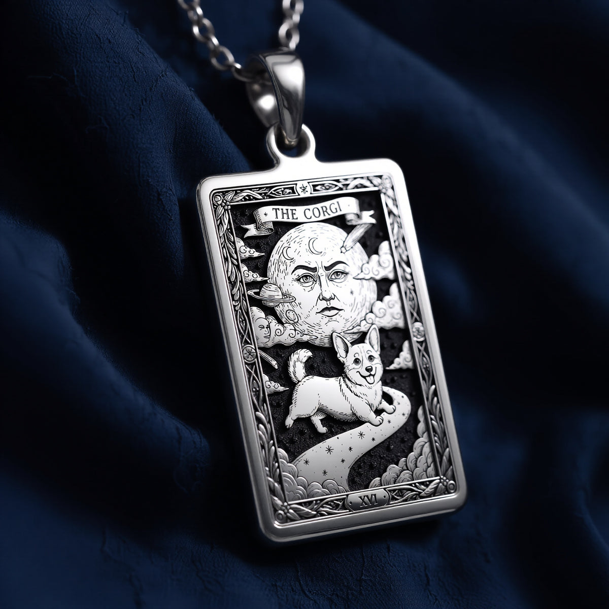 An heirloom-quality 14K solid gold Corgi tarot pendant. The art shows the whimsical dog under a moon, symbolizing a playful spirit, a precious dog mom gift.