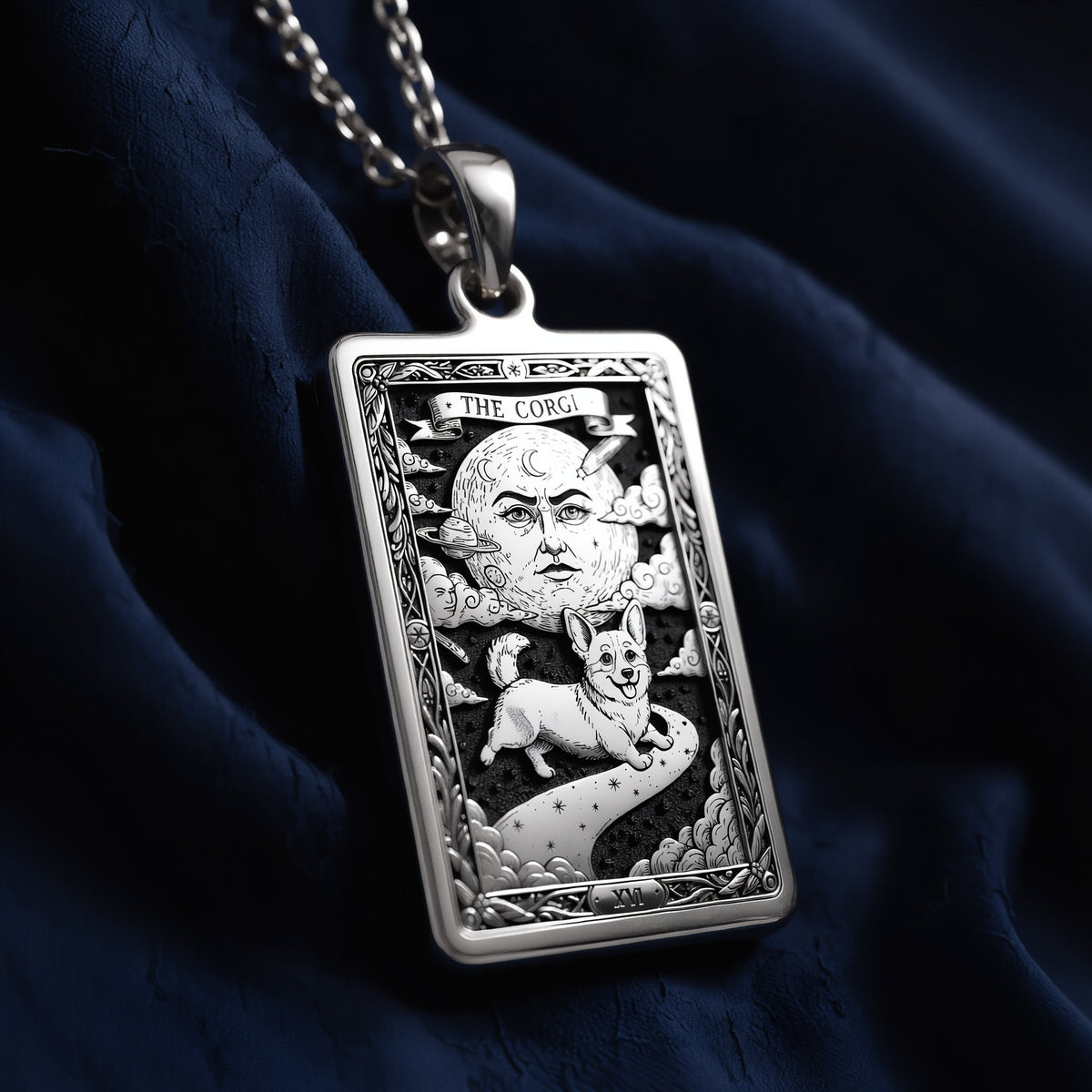 A custom rose gold plated Dog Lover tarot necklace. This piece is a perfect gift, honoring the unique charm of the Corgi.