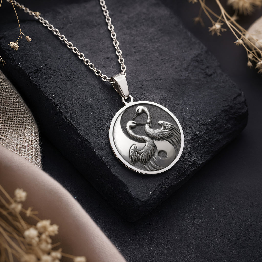Sterling silver Yin Yang Crane Talisman Necklace: round  two cranes forming yin yang sy...