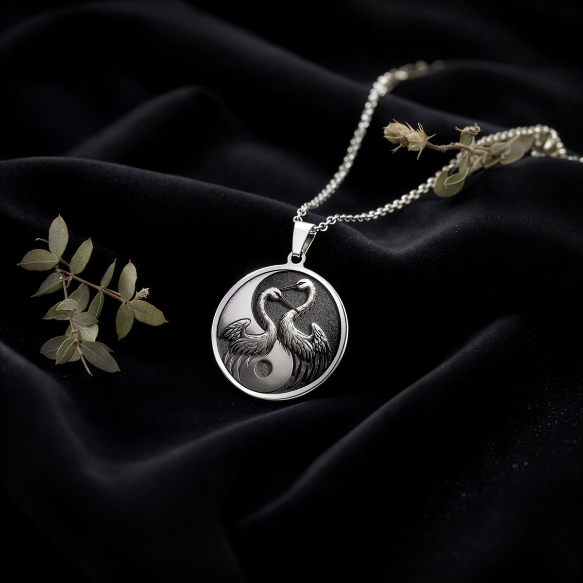 Sterling silver Yin Yang Crane Talisman Necklace: round  two cranes forming yin yang sy...