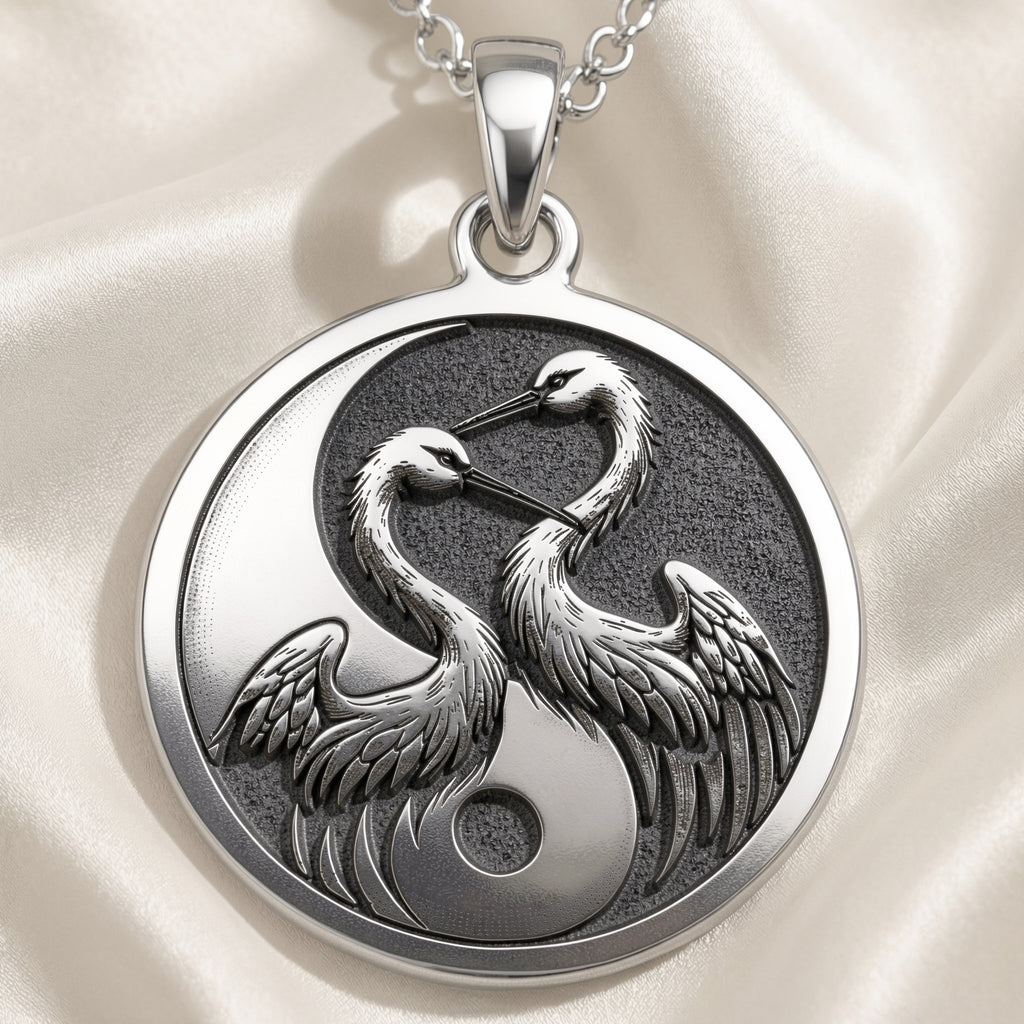 Sterling silver Yin Yang Crane Talisman Necklace: round  two cranes forming yin yang sy...
