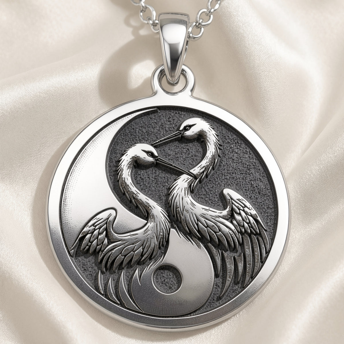 Sterling silver Yin Yang Crane Talisman Necklace: round  two cranes forming yin yang sy...