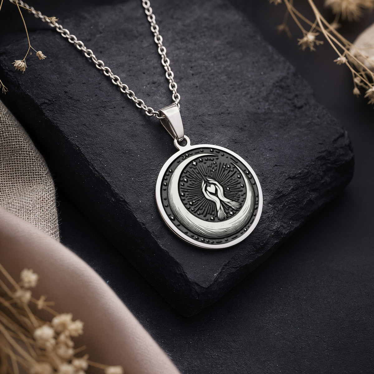 925 925 Sterling Silver Crescent Moon Celestial Pendant Necklaces Oxidized silver round pendant with a stylized figure inside a sunburst design necklace