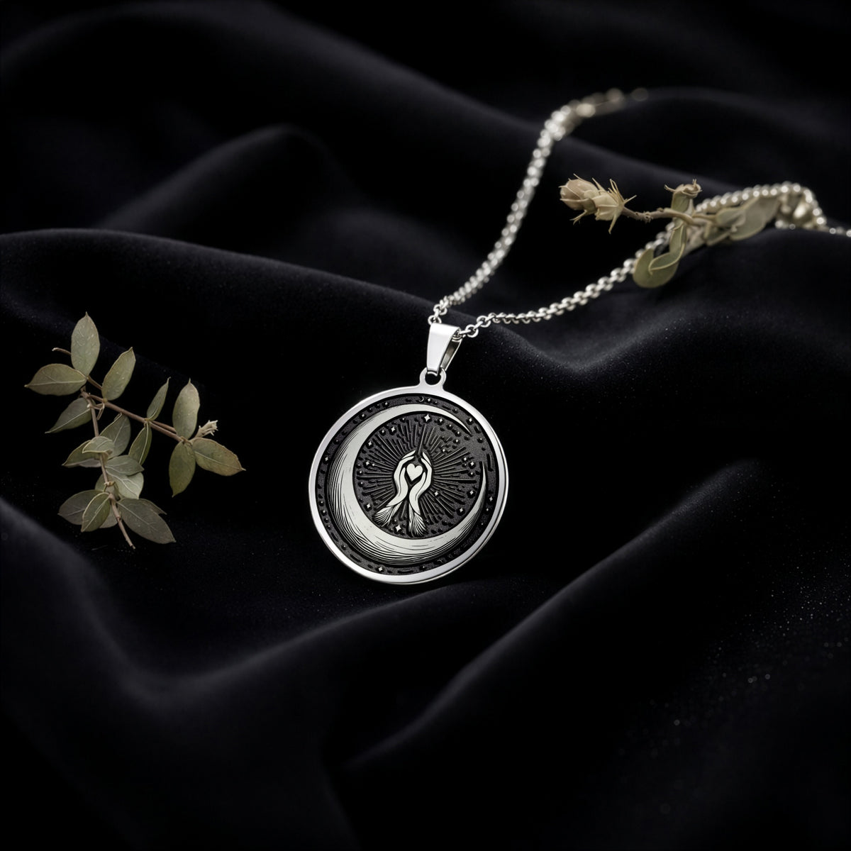 Crescent Moon Celestial Pendant Necklaces 925 925 Sterling Silver round pendant necklace with intricate circular design on black velvet background