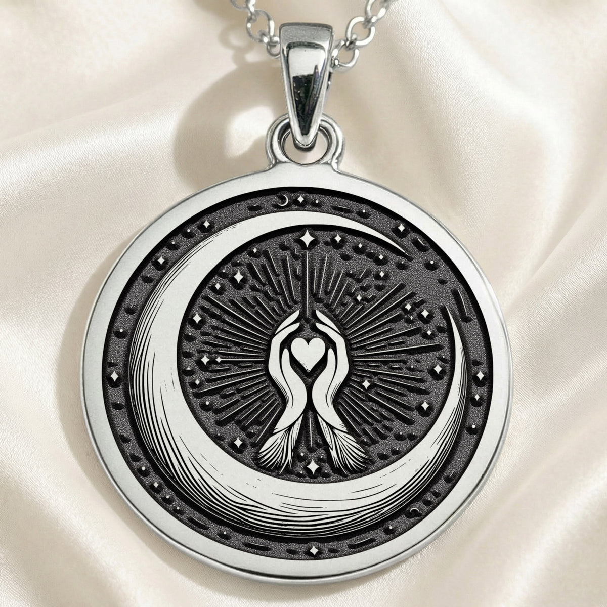 925 925 Sterling Silver Crescent Moon Celestial Pendant Necklaces Oxidized silver round pendant with crescent moon and heart design necklace
