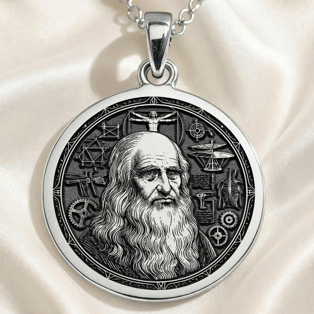 Da Vinci Renaissance Art Pendant Necklaces 925 925 Sterling Silver engraved classical portrait with gears and geometric symbols pendant necklace