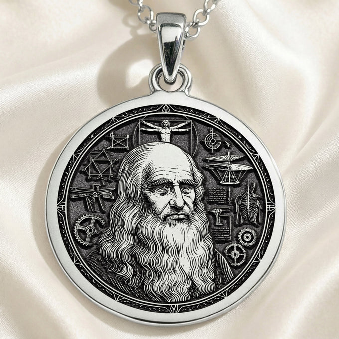 Da Vinci Renaissance Art Pendant Necklaces 925 925 Sterling Silver engraved classical portrait with gears and geometric symbols pendant necklace