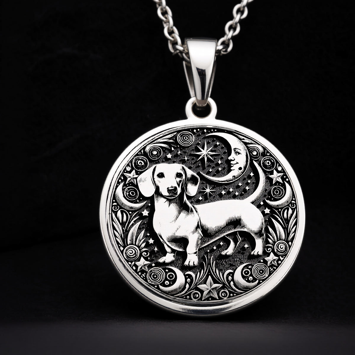 Whimsical 925 Sterling Silver dachshund medallion with a celestial backdrop. Perfect for sausage dog lovers and pet-themed jewelry fans.