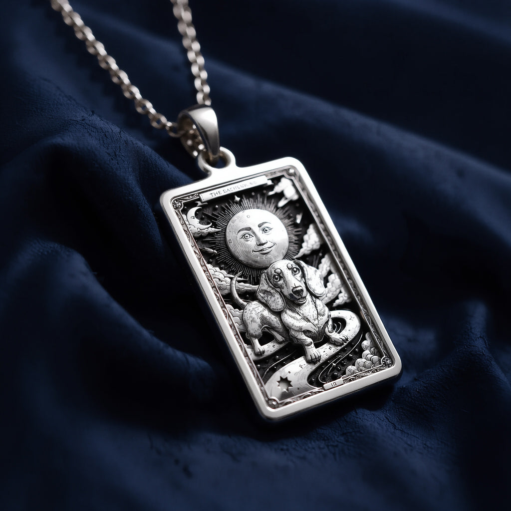 Rectangular sterling silver pendant necklace featuring an intricately engraved dachshund beneath a smiling moon, styled as a tarot-inspired medallion with celestial motifs.