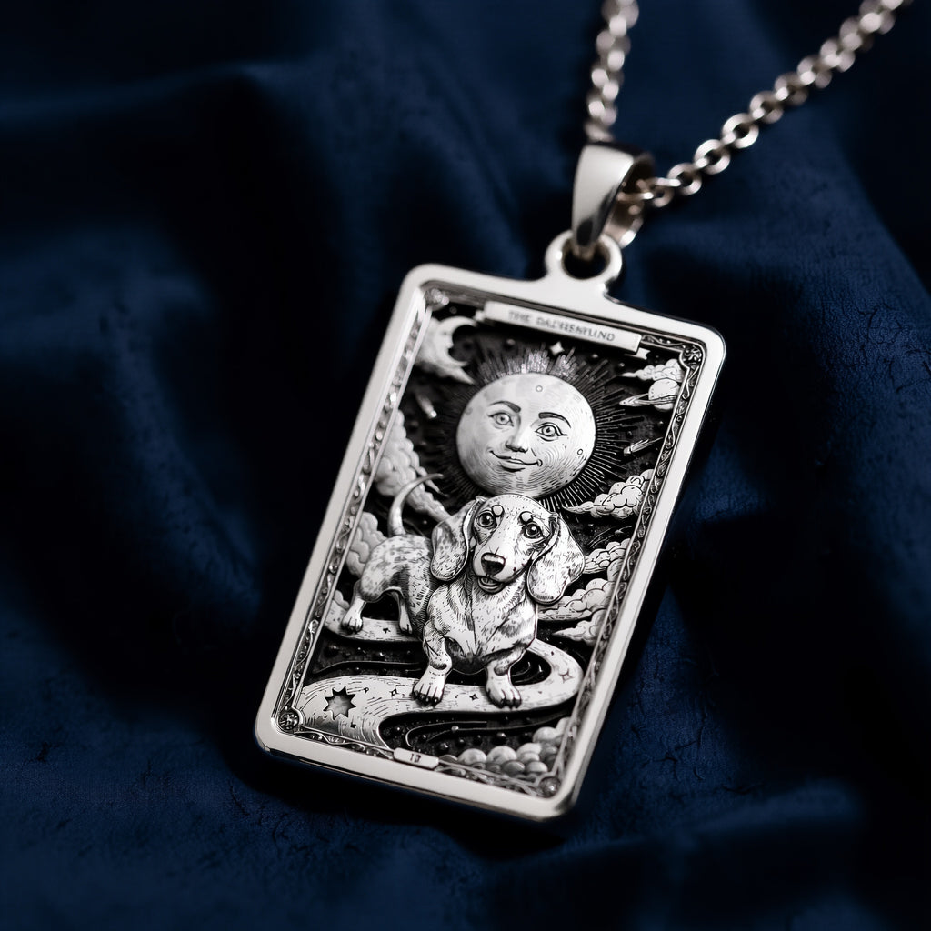 A striking 925 sterling silver Dachshund charm. The art shows the celestial dog, a meaningful piece of pet jewelry for a pet owner.