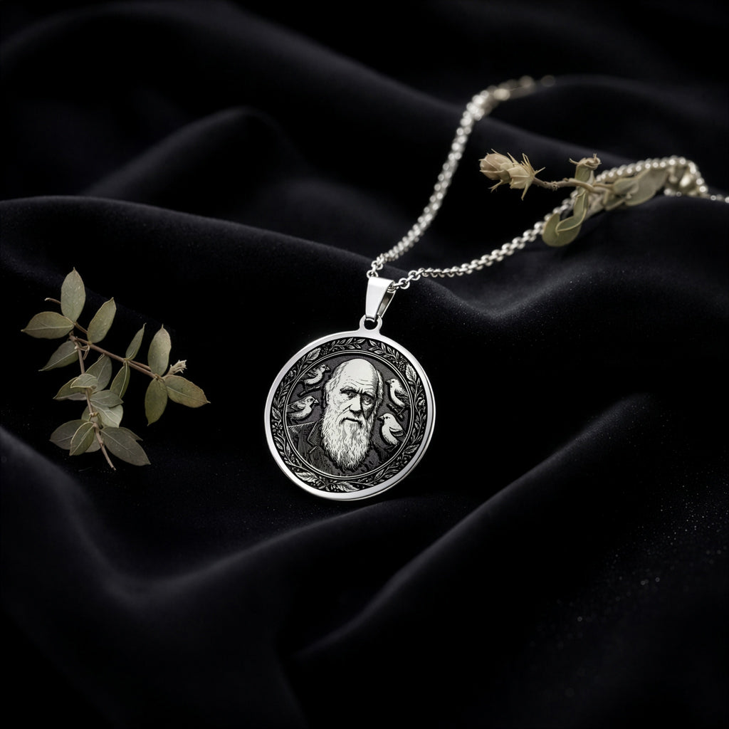 925 925 Sterling Silver Darwin Evolution Coin Pendant Necklaces Oxidized silver engraved portrait pendant necklace with vintage style.