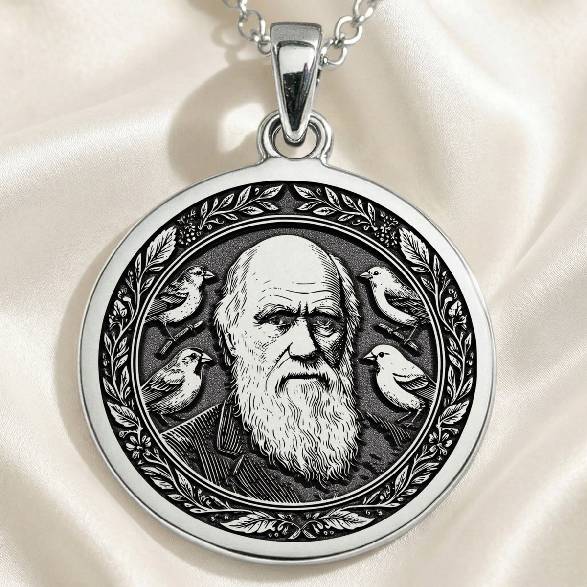 Darwin Evolution Coin Pendant Necklaces 925 925 Sterling Silver engraved portrait pendant with birds frame necklace