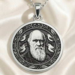 Darwin Evolution Coin Pendant Necklaces 925 925 Sterling Silver engraved portrait pendant with birds frame necklace