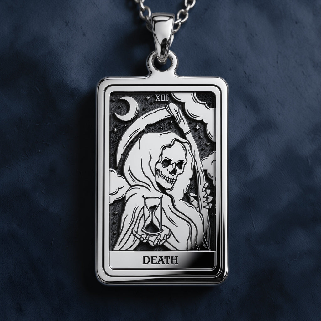 Silver plated Death Tarot Rider Waite necklace pendant. Occult arcana spiritual protection gothic tarot jewelry.