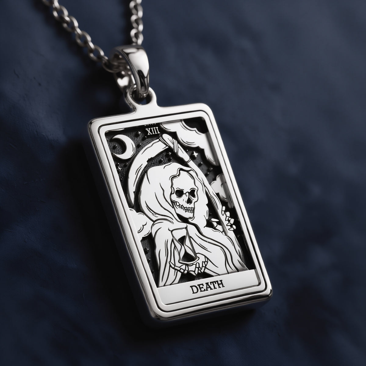 Silver plated Death Tarot Rider Waite necklace. Occult arcana spiritual protection jewelry for tarot lovers.