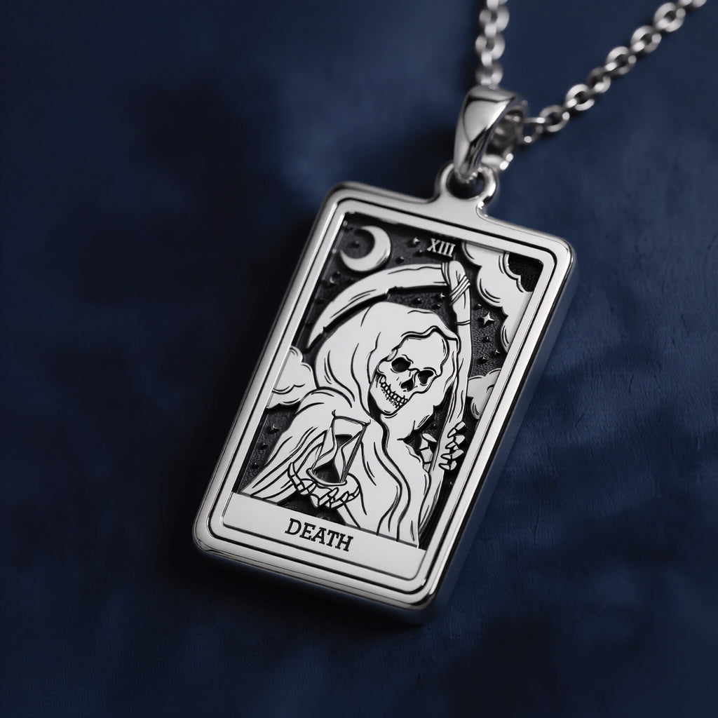 Sterling Silver Death Tarot Rider Waite pendant with hooded skeletal figure, crescent moon, stars, Roman numeral XIII, and engraved DEATH.