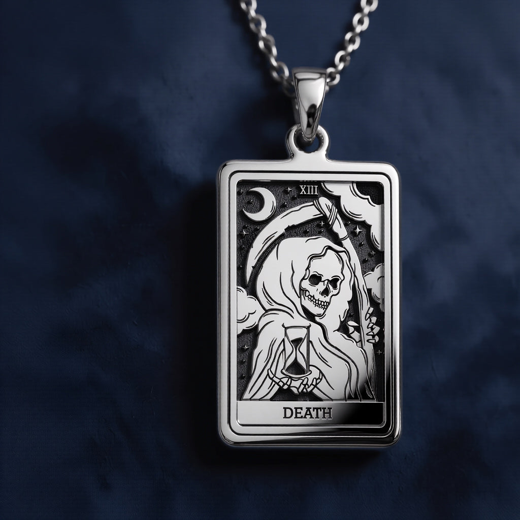 Rectangular 925 sterling silver pendant necklace featuring an engraved Death Tarot card design with skeletal figure, hourglass, crescent moon, Roman numeral XIII, and “DEATH” inscription at bottom.