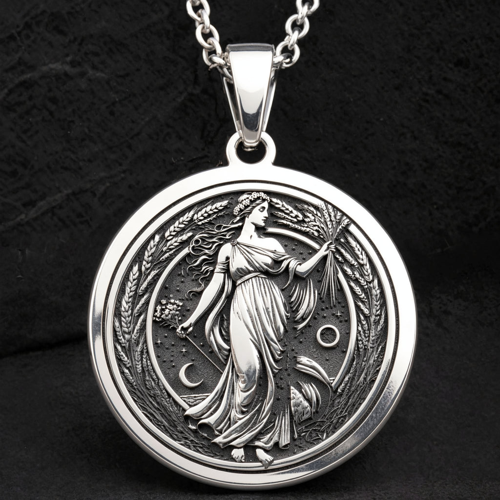 Cornucopia Harvest Goddess Necklace Necklaces 925 925 Sterling Silver pendant necklace featuring a draped female figure design with crescent moons.