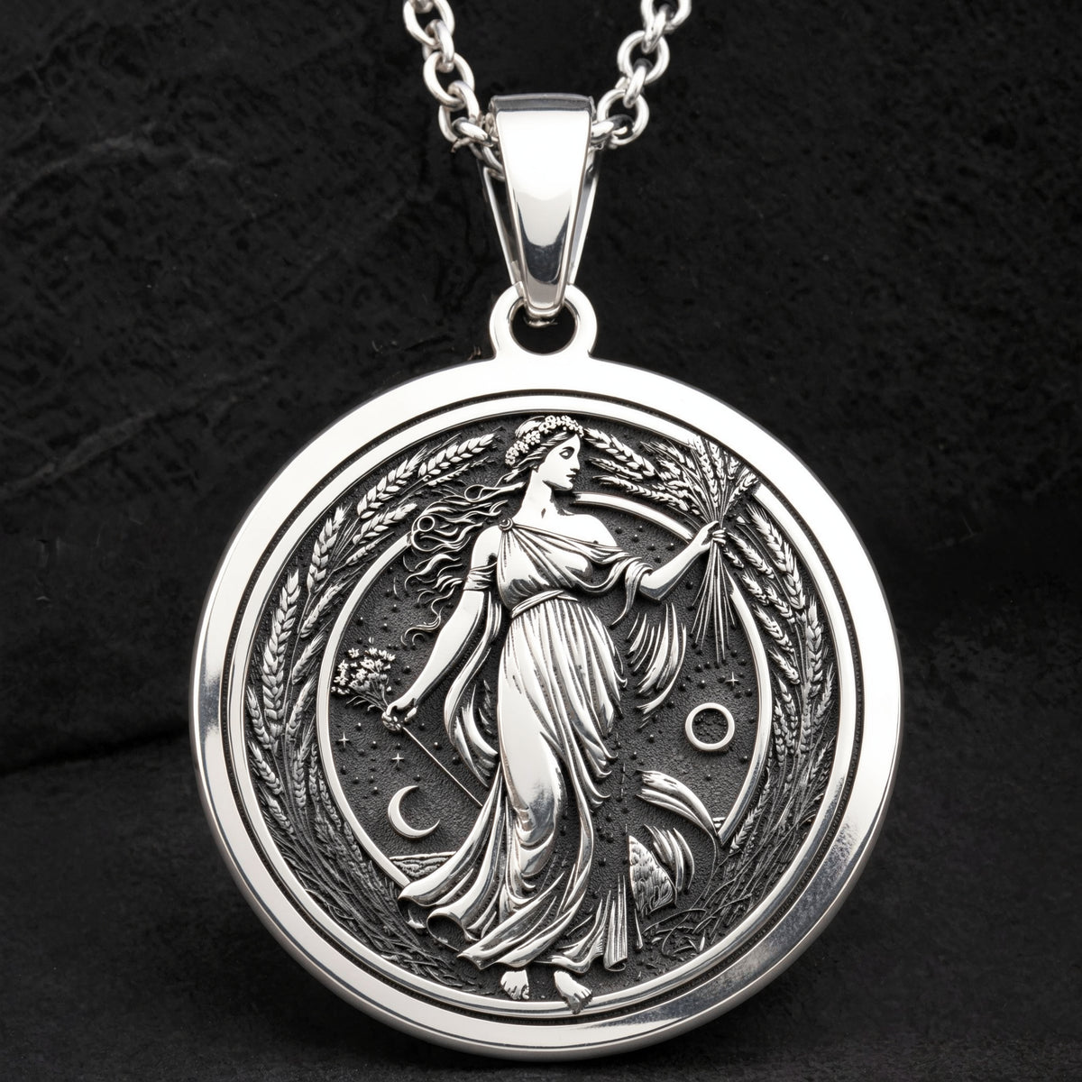 Cornucopia Harvest Goddess Necklace Necklaces 925 925 Sterling Silver pendant necklace featuring a draped female figure design with crescent moons.