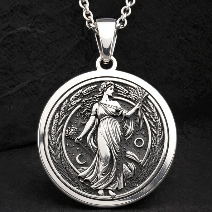 Cornucopia Harvest Goddess Necklace Necklaces 925 925 Sterling Silver pendant necklace featuring a draped female figure design with crescent moons.