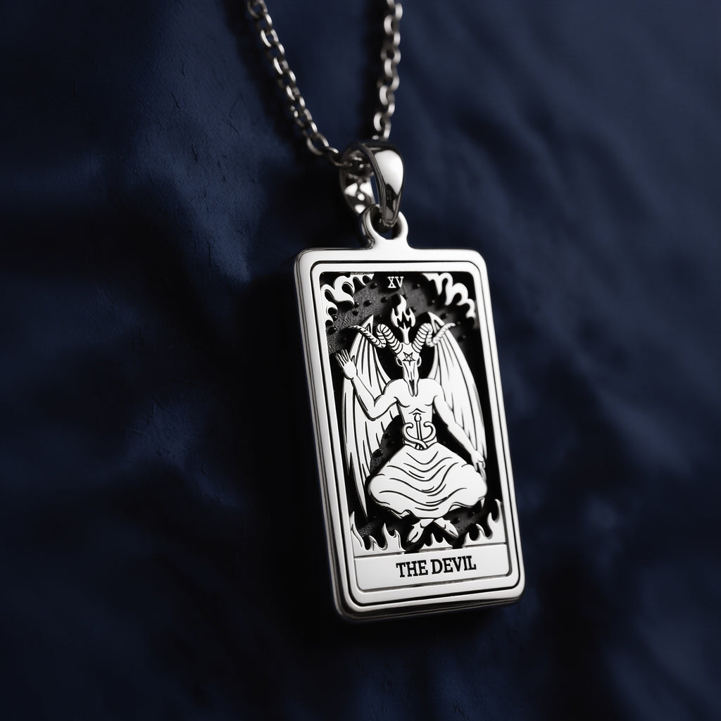 Rectangular 925 sterling silver pendant featuring a high-relief engraving of The Devil tarot card (XV), depicting a horned winged figure seated with flames, inscribed "THE DEVIL" at the bottom; suspended from a polished link chain via a secure bail.