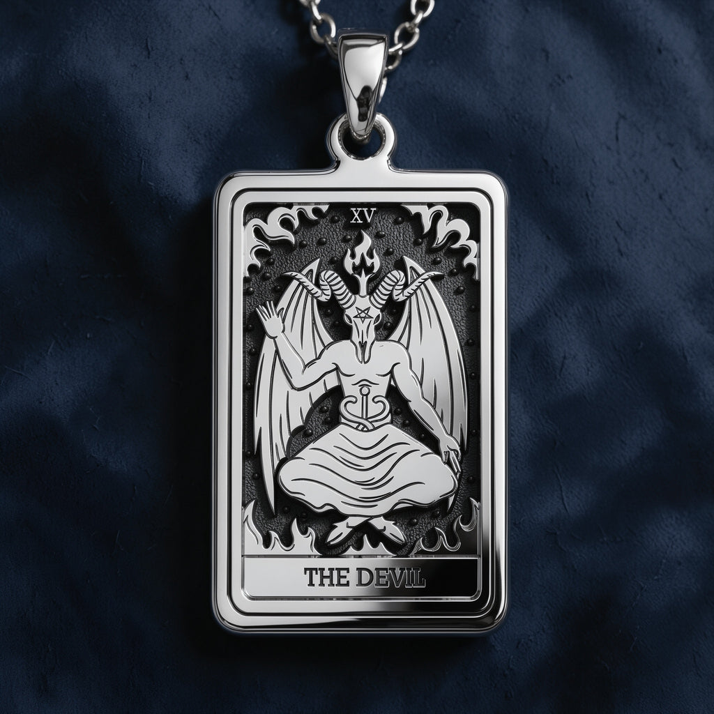 High-polish silver rectangular pendant featuring a detailed engraving of The Devil tarot card (XV) with wings, horns, pentagram, flames, and “THE DEVIL” inscription at the bottom.